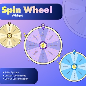 May include: An illustration of a spin wheel widget with the text "Spin Wheel Widget". The image shows three different spin wheels with the word "Content" in each section. The image also includes the features: Point System, Custom Commands, and Colour Customisation.