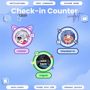 Może przedstawiać: Cyfrowy interfejs widżetu licznika zameldowania z jasnoniebieskim tłem i etykietami tekstowymi, w tym multistream, chat commands, streak mode, auto-reset, stamp your pfp oraz channel points. Wyświetlone są trzy okrągłe ikony profili użytkowników.