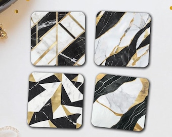 White and Black Marble Coaster Set - Gold Detail Luxury Coasters (Set of 4)