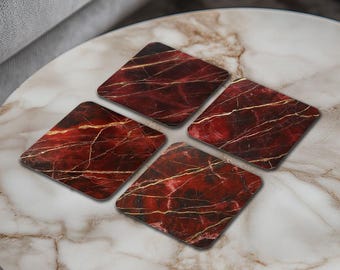 Red Marble Coaster Set - Gold Detail Luxury Coasters (Set of 4)