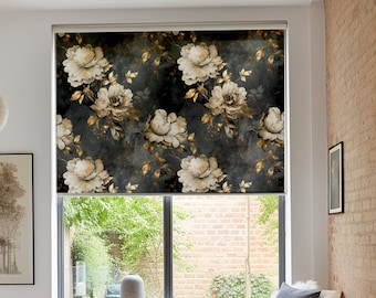 Black and Gold Luxury Roses Pattern Roller Shades, Gold Dark Blackout Roller Blinds , Window Shade, Printed Roller Shade, French Door Shade