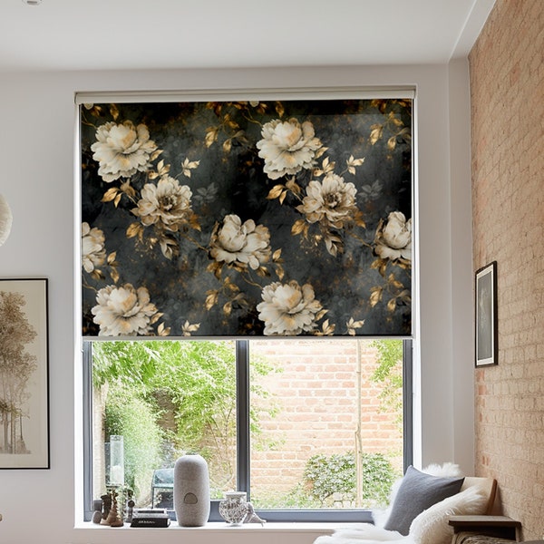 Black and Gold Luxury Roses Pattern Roller Shades, Gold Dark Blackout Roller Blinds , Window Shade, Printed Roller Shade, French Door Shade