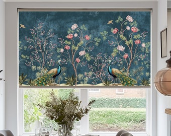 Vintage Blue Chinoiserie Roller Blinds, Blue Backround Birds Pattern Roller Shades, Custom Window Treatments, Roller Curtains, Roller Blinds