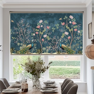 Vintage Blue Chinoiserie Roller Blinds, Blue Backround Birds Pattern Roller Shades, Custom Window Treatments, Roller Curtains, Roller Blinds