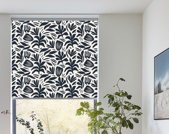 Navy Blue Fern Botanical Roller Shades, Leaf Boho Blackout Roller Blinds , Blue Window Shade, Printed Roller Shade, French Door Shade