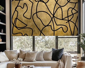 Abstract Gold Roller Shade: Minimalist Black Line Art Window Blind