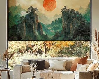 Japanese Landscape Roller Blind: Mountain & Sun Window Shade