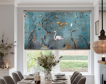 Vintage White Flamingo Chinoiserie Roller Blinds, Blue Backround Birds Pattern Roller Shades, Custom Window Treatments, Roller Curtains