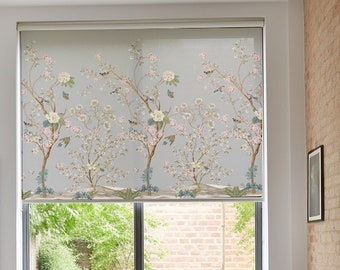 Gray Chinoiserie Blackout Roller Shade: Birds on Trees Window Blind