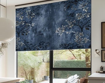 Floral Blue Roller Shades, Custom Digital Print Blackout Window Blinds, Elegant Floral Roller Shades for Bedroom, Kitchen Roller Blinds