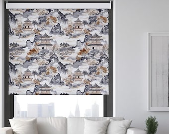 Japanese Landscape Roller Blind: Custom Mountain Pagoda Window Shade