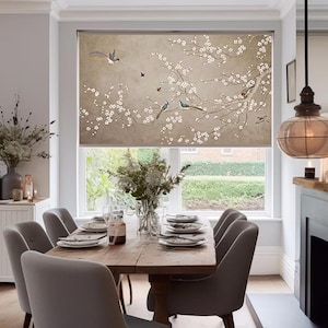 Chinoiserie Blackout Roller Shade: Birds on Trees, Colorful Window Blind