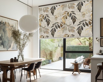 Leaf Botanical Roller Shades, Leaf Boho Blackout Roller Blinds , Beige Window Shade, Printed Roller Shade, French Door Shade