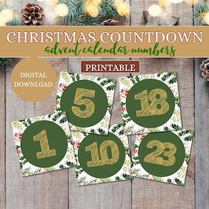 Calendrier de l’Avent, Numéros de Noël, Compte à rebours de Noël, Calendrier de l’Avent imprimable, Numéros de l’Avent, Numéros imprimables, Téléchargement numérique