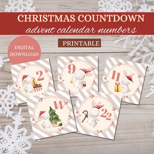 Calendrier de l'Avent, numéros de Noël, compte à rebours de Noël, calendrier de l'Avent imprimable, numéros de l'Avent, nombres imprimables, téléchargement numérique