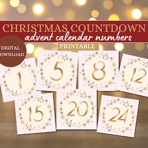 Calendrier de l'Avent, numéros de Noël, compte à rebours de Noël, calendrier de l'Avent imprimable, numéros de l'Avent, nombres imprimables, téléchargement numérique