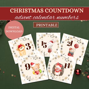 Calendrier de l'Avent, numéros de Noël, compte à rebours de Noël, calendrier de l'Avent imprimable, numéros de l'Avent, nombres imprimables, téléchargement numérique