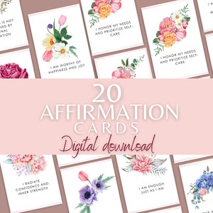 Tarjetas de afirmación, baraja de cartas de afirmación, afirmación positiva, tarjetas de afirmación floral, imprimibles de cuidado personal, descarga digital