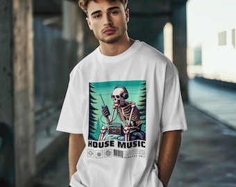 Camiseta Skeleton House Music, camiseta de festival, camiseta EDM, produtos Rave, camiseta casual DJ, presentes Rave para ele e para ela