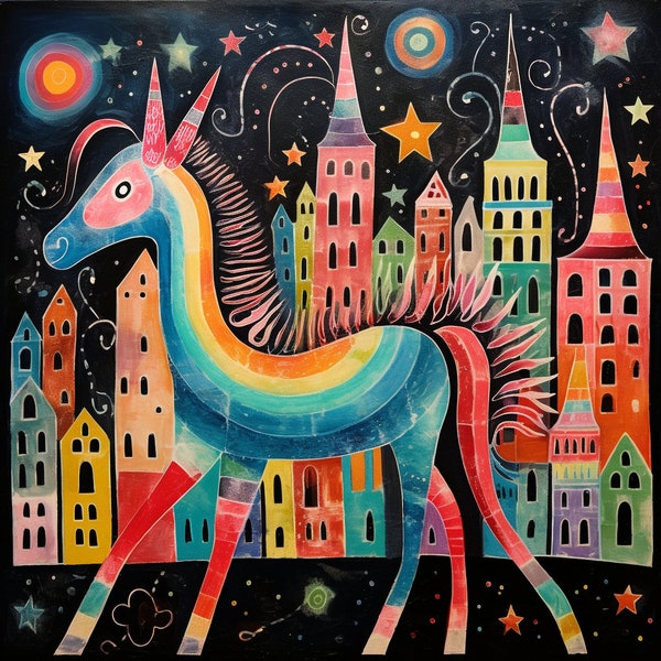 Unicorn in the city, colorful, like painted by Hundertwasser