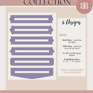 May include: A digital download of six zipper overlay designs for sewing projects. The designs are available in SVG and PDF formats. The PDF files can be printed and cut by hand. The SVG files are for use with a cutting machine. The designs are for zipper widths #3 and #5. Five window sizes are included: 5 inches, 6 inches, 7 inches, 8 inches, and 9 inches. A tutorial is included.
