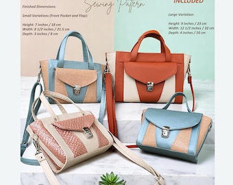 May include: A sewing pattern for a Candy Bag with three variations. The pattern includes instructions for making a small bag with a front pocket and flap, and a larger bag. The bags are shown in different colors and fabrics, including brown, blue, and beige.