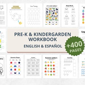 Puede incluir: Un cuaderno de trabajo para preescolar y jardín de infancia con diversas actividades educativas. El cuaderno incluye páginas para la secuenciación de números, el trazado de líneas, el conteo, las palabras de formas y más. La portada dice "Pre-K & Kindergarten Workbook English & Español +400 Pages."