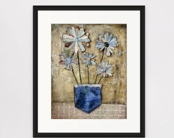 Denim and Blue Daisies Wall Decor, Rustic Boho Farmhouse Art, Floral Print and Poster, Mixed Media Collage, FREE SHIPPING