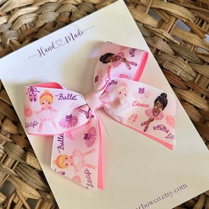Dancing Ballerina Hair Bow for girls, handmade with double layered grosgrain ribbon, recital gift for girls