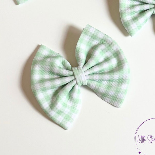 Green Gingham Hair Bow For infants, babies, and girls | Classic Hair Bow headbands and clips | baby bow head wrap | Mini Toddler Hair Clip