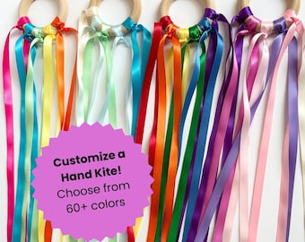 Custom Hand Kite | Waldorf Wooden Ribbon Toy | Montessori | Pretend Play | Dance Prop | Birthday Party Favor | 60+ Color Options