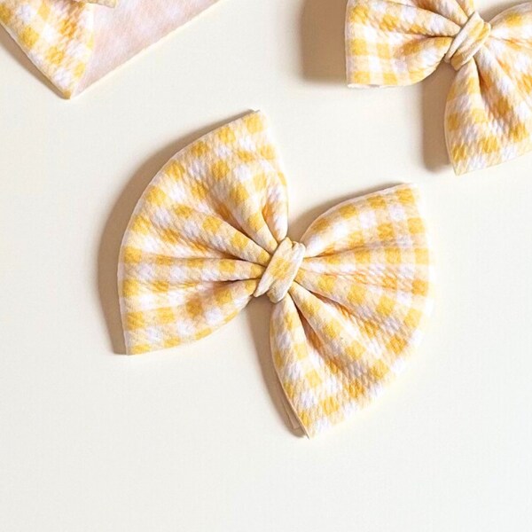 Yellow Gingham Hair Bow For infants, babies, and girls | Classic Hair Bow headbands and clips | baby bow head wrap | Mini Toddler Hair Clip