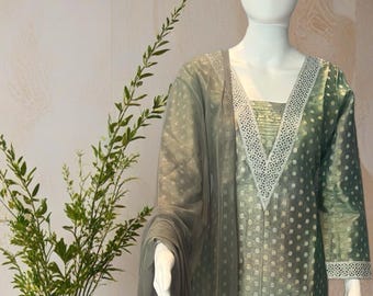50% OFF Glamorous Olive Green Chanderi Silk Suit Set with Dupatta | Festive Indian Salwar Kameez | Ethnic Wear for Women | Gifts for Wear