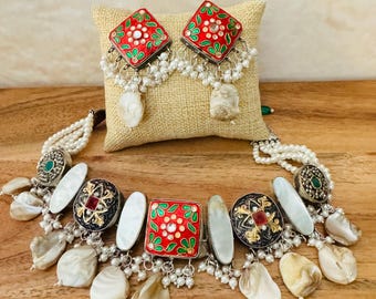 Handpainted Red Green Enamel Hasli Choker Necklace Set with Earrings | Pearl Dangle Indian Tribal Jewelry | Statement Boho Set for Women