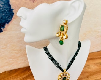 Green Beaded Kundan Necklace Set with Earring | Pearl Choker Jewelry Set | Traditional Bridal Jewelry | Polki Kundan Necklace for Women
