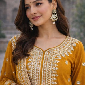 Mustard Yellow Sharara Suit with Dupatta | Long Sleeve Embroidered Suit | Wedding Guest Outfit | Pakistani Sharara Set | Festive Wear image 3