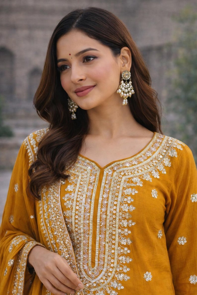 Mustard Yellow Sharara Suit with Dupatta | Long Sleeve Embroidered Suit | Wedding Guest Outfit | Pakistani Sharara Set | Festive Wear image 3