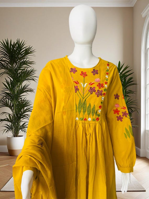 Beautiful Yellow Cotton Anarkali Kurta Set with Floral Embroidery | 3-Piece Indian Ethnic Suit with Dupatta | Festive & Casual Wear