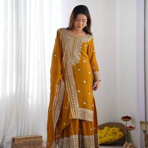 Mustard Yellow Sharara Suit with Dupatta | Long Sleeve Embroidered Suit | Wedding Guest Outfit | Pakistani Sharara Set | Festive Wear image 6