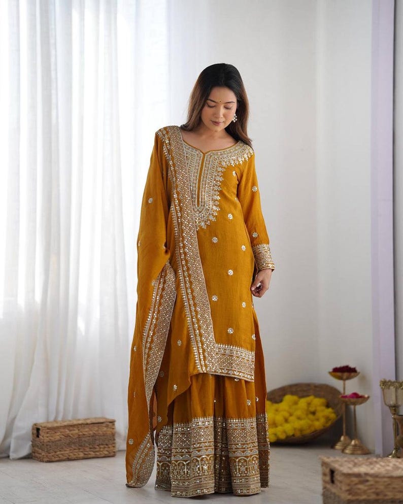 Mustard Yellow Sharara Suit with Dupatta | Long Sleeve Embroidered Suit | Wedding Guest Outfit | Pakistani Sharara Set | Festive Wear image 6