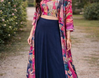Abstract Print Top and Palazzo Set with Flowing Shrug | Indo-Western Three-Piece Outfit | Boho Festival Wear | Printed Cape | Ethnic Wear