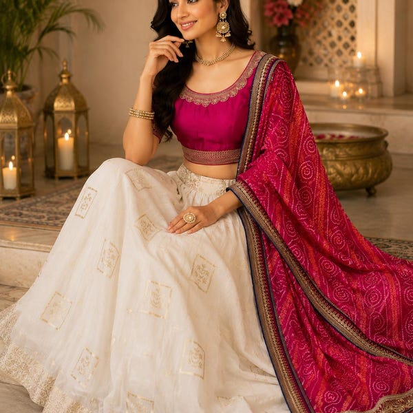 Bandhani Dupatta Lehenga Choli Set, White Zari Work Lehenga, Pink Silk Blouse, Bandhej Dupatta, Wedding Lehenga, Festive Indian Outfit