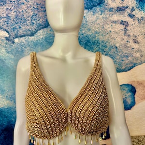 Golden Beaded Party Wear Blouse with Sequin Fringe Indian Ethnic Crop Top for Women, Saree Lehenga Choli Blouse | Festive Wear| Karwachauth