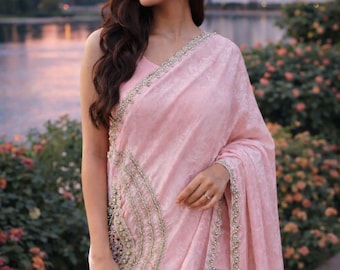 Elegant Light Pink Embroidered Saree with Sequin Bead Work Indian Traditional Party  Wedding Wear for Women | PartyWear | Festive Collection