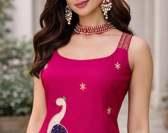 Magenta Red Peacock Embroidered Sharara Suit Set for Women | Indian Party Wear Kurta Palazzo Set