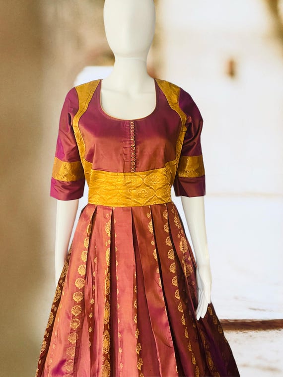 Silk Long Frock Design For Girl Stunning Maroon Silk Anarkali Dress With  Mustard Brocade Yoke Indian