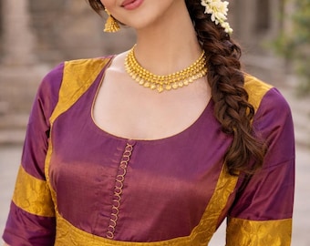 Stunning Maroon Silk Anarkali Dress with Mustard Brocade Yoke | Indian Ethnic Gown Women | Readymade Floor-Length Anarkali | Festive Wear