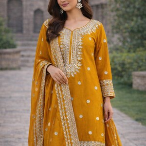 Mustard Yellow Sharara Suit with Dupatta | Long Sleeve Embroidered Suit | Wedding Guest Outfit | Pakistani Sharara Set | Festive Wear image 4