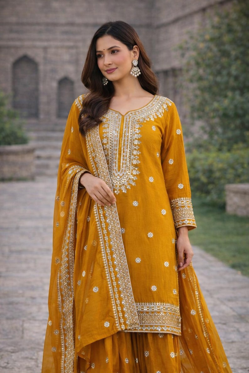 Mustard Yellow Sharara Suit with Dupatta | Long Sleeve Embroidered Suit | Wedding Guest Outfit | Pakistani Sharara Set | Festive Wear image 4