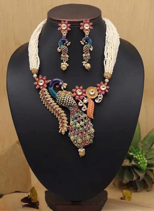 Peacock Necklace Set with Earrings | Multicolor Beaded Indian Jewelry Set | Ethnic Statement Bridal Necklace| Gifts for her